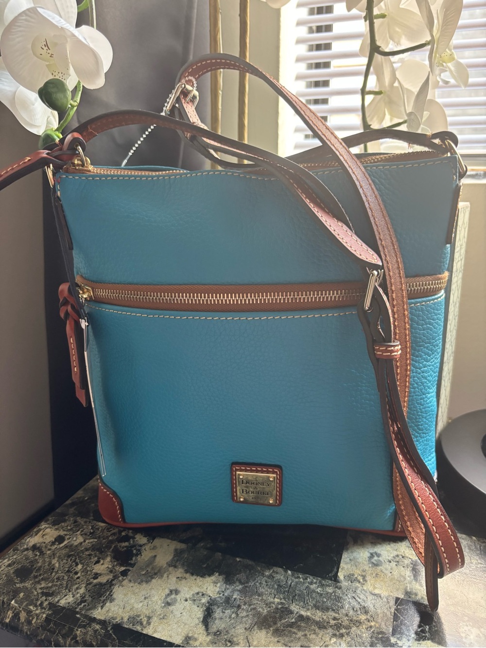 Dooney & Bourke Turquoise Pebble Leather Crossbody with Brown Trim